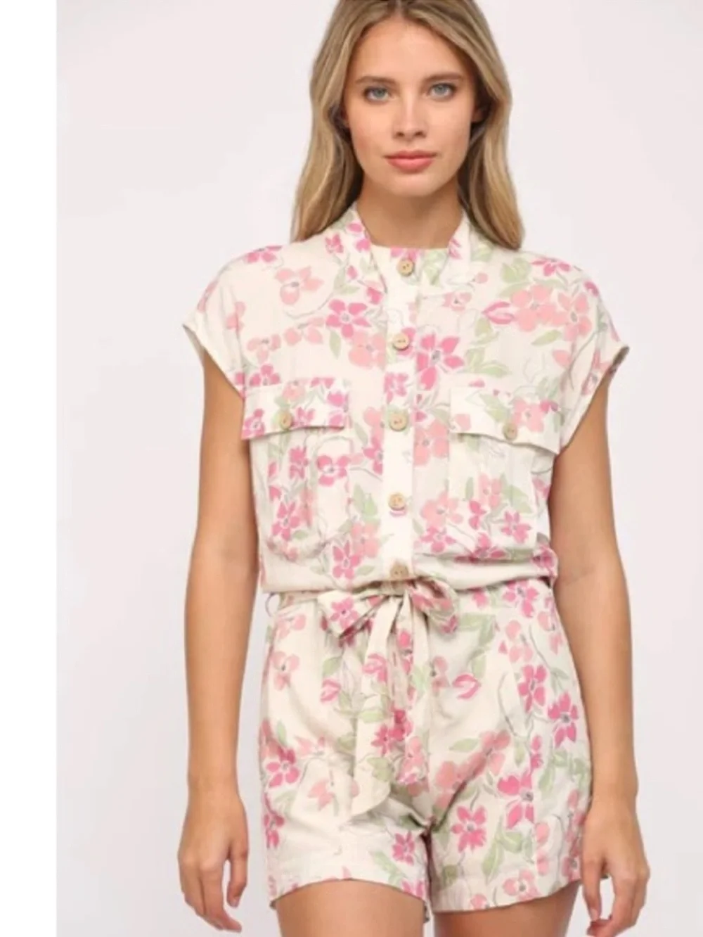 Fate NWT White with Pink & Green Flowers Waist Tie Romper - Size M